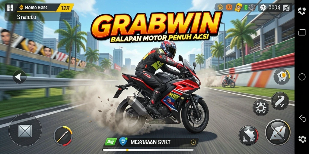 Screenshot gameplay GRABWIN yang menampilkan balapan motor yang mendebarkan.