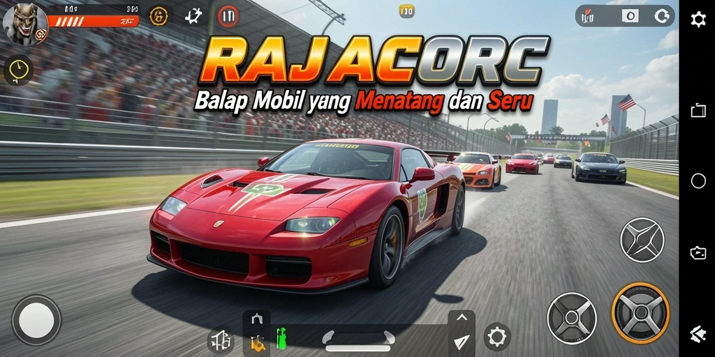 Gameplay RAJACORC dengan balapan seru dan mobil yang beragam.