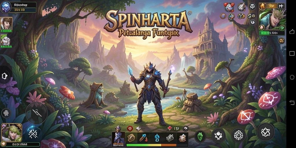 Tampilan seru dari gameplay RPG SPINHARTA saat perang melawan monster.
