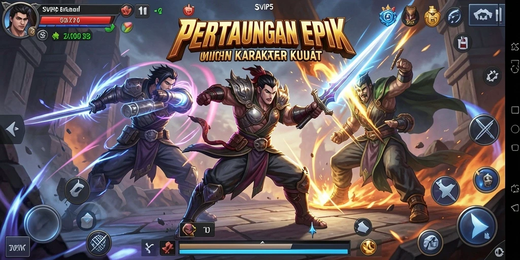 Screenshot gameplay SVIP5 menampilkan pertarungan epik antar karakter.